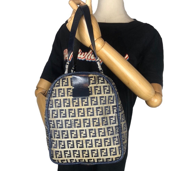 FENDI Zucca Navy Blue Leather Grey Canvas Boston Carry-On Bag Speedy 30 EUC - Picture 3 of 17